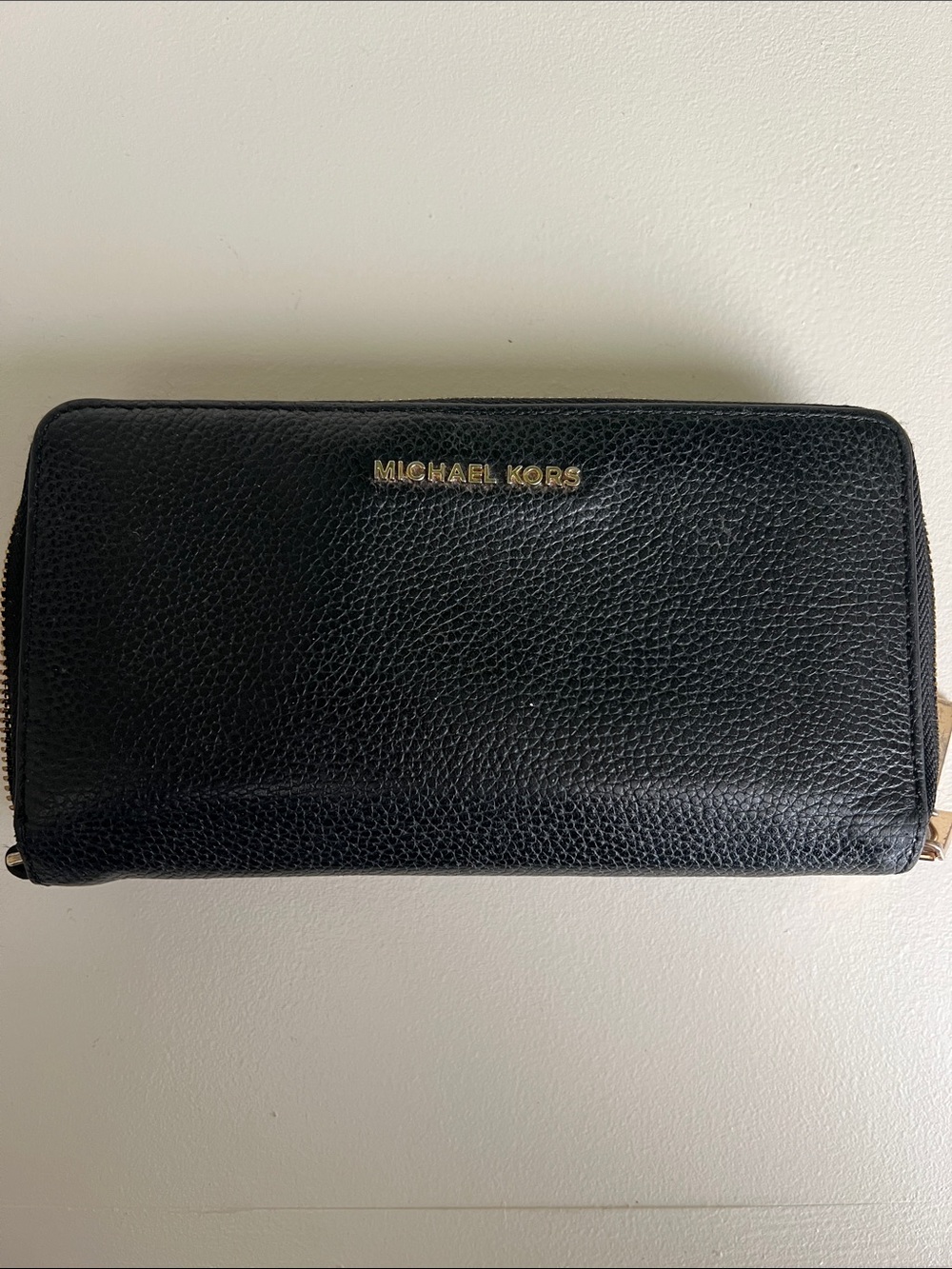 Michael Kors Black Pebbled Leather Zip Wallet with Gold Logo